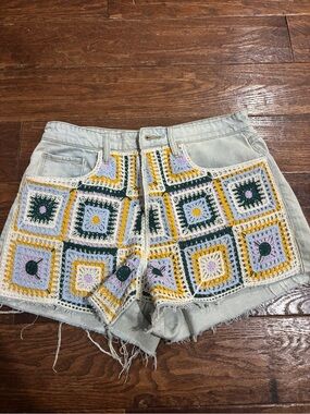 Blank NYC Light Blue Denim Shorts with Multicolor Crochet Patchwork